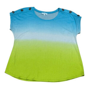 MySTYLE Shirt Womens XL Blue Green Ombre Colorblock Button Shoulder Top Stretch